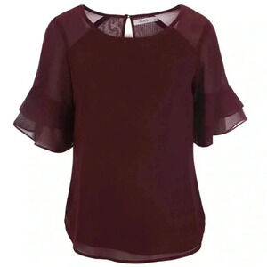 Ricki’s Blouse  Short Sleeve Sheer Flowy Ruffle Sleeves Burgundy Size Small
